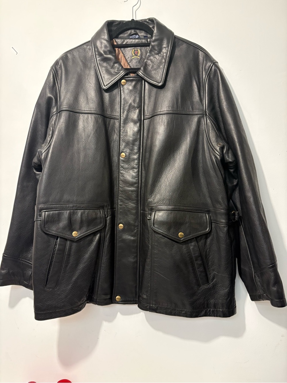 Tommy Hilfiger Black Leather Pea Coat with Brass Snap Accents